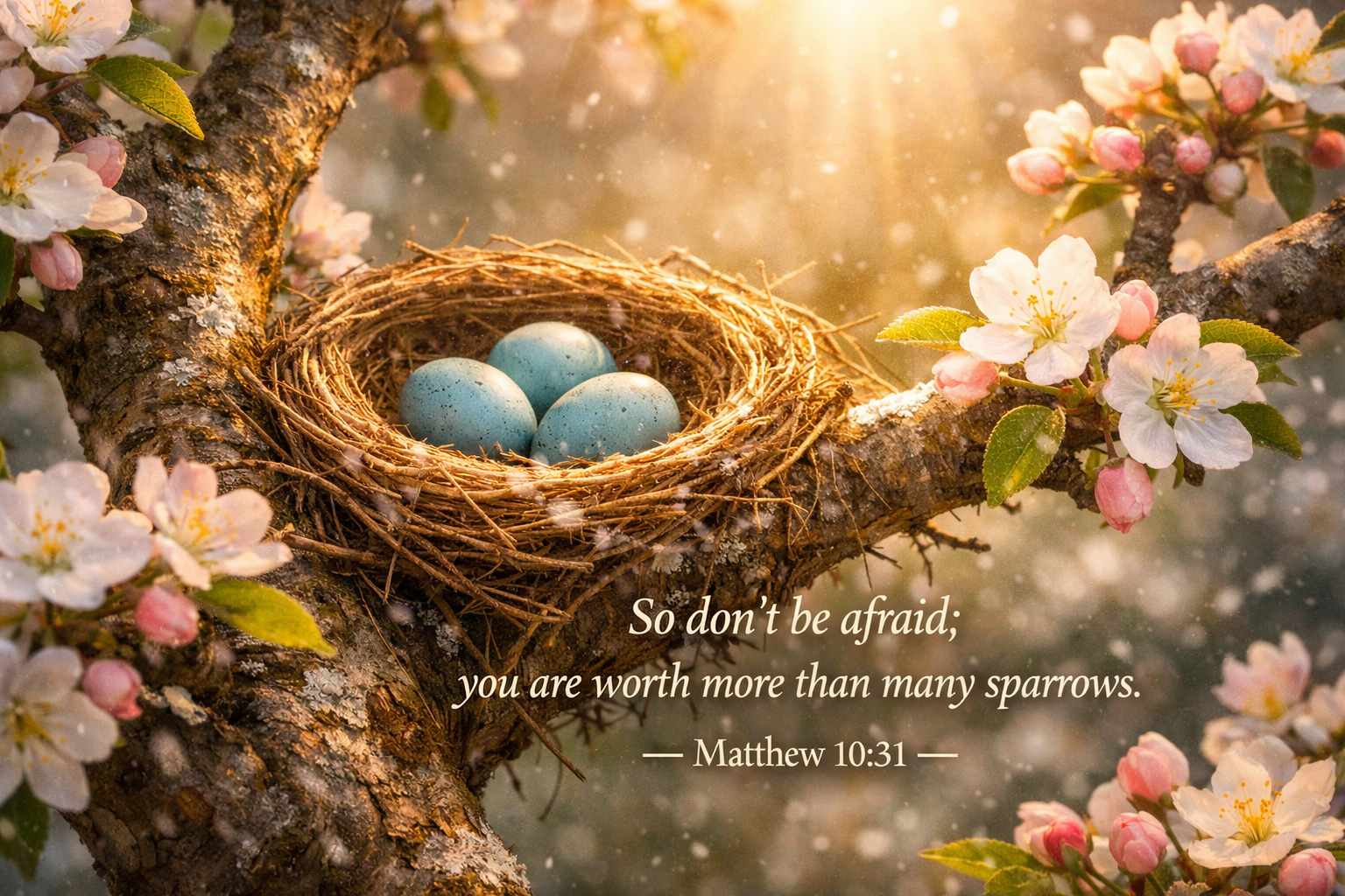 Matthew 10:31 Bible verse wallpaper bird nest with three blue eggs in flowering tree - every egg watched over